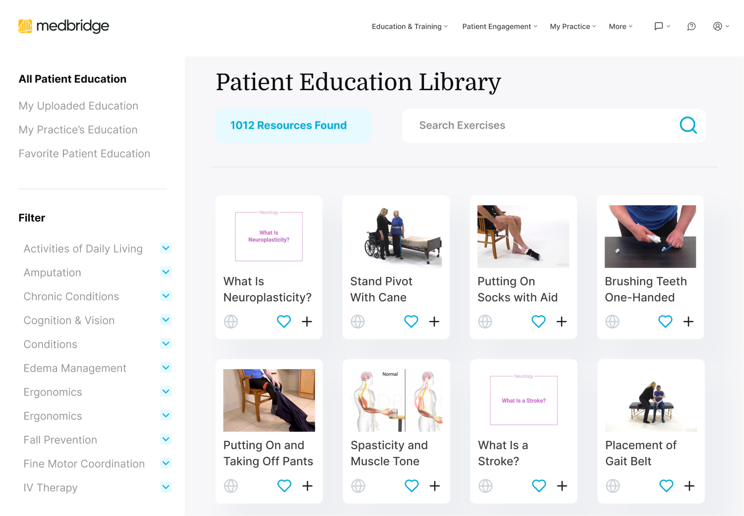 Medbridge patient education page with a search bar, categories like Amputation and Chronic Conditions, and exercise video thumbnails.