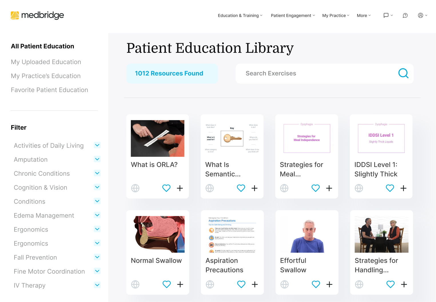 Webpage showing Medbridge's "Patient Education Library" with seven resources and filter categories like Amputation.