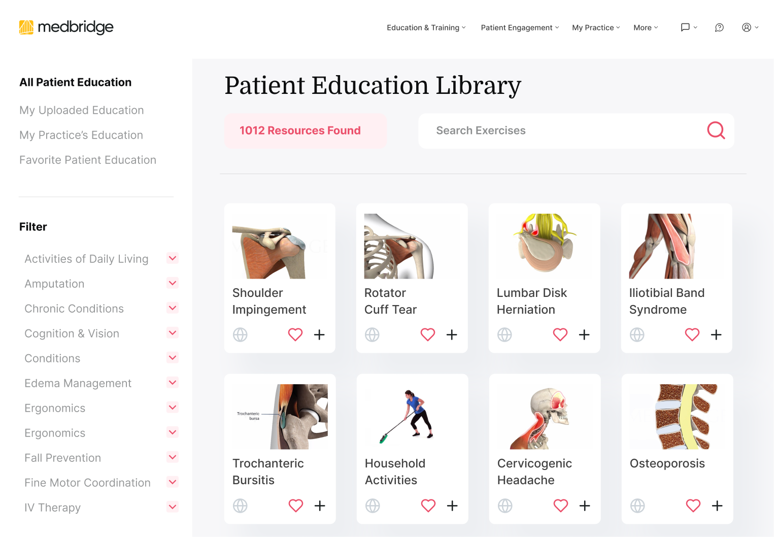 Screenshot of Medbridge’s Patient Education Library highlighting medical topics and favorites feature.
