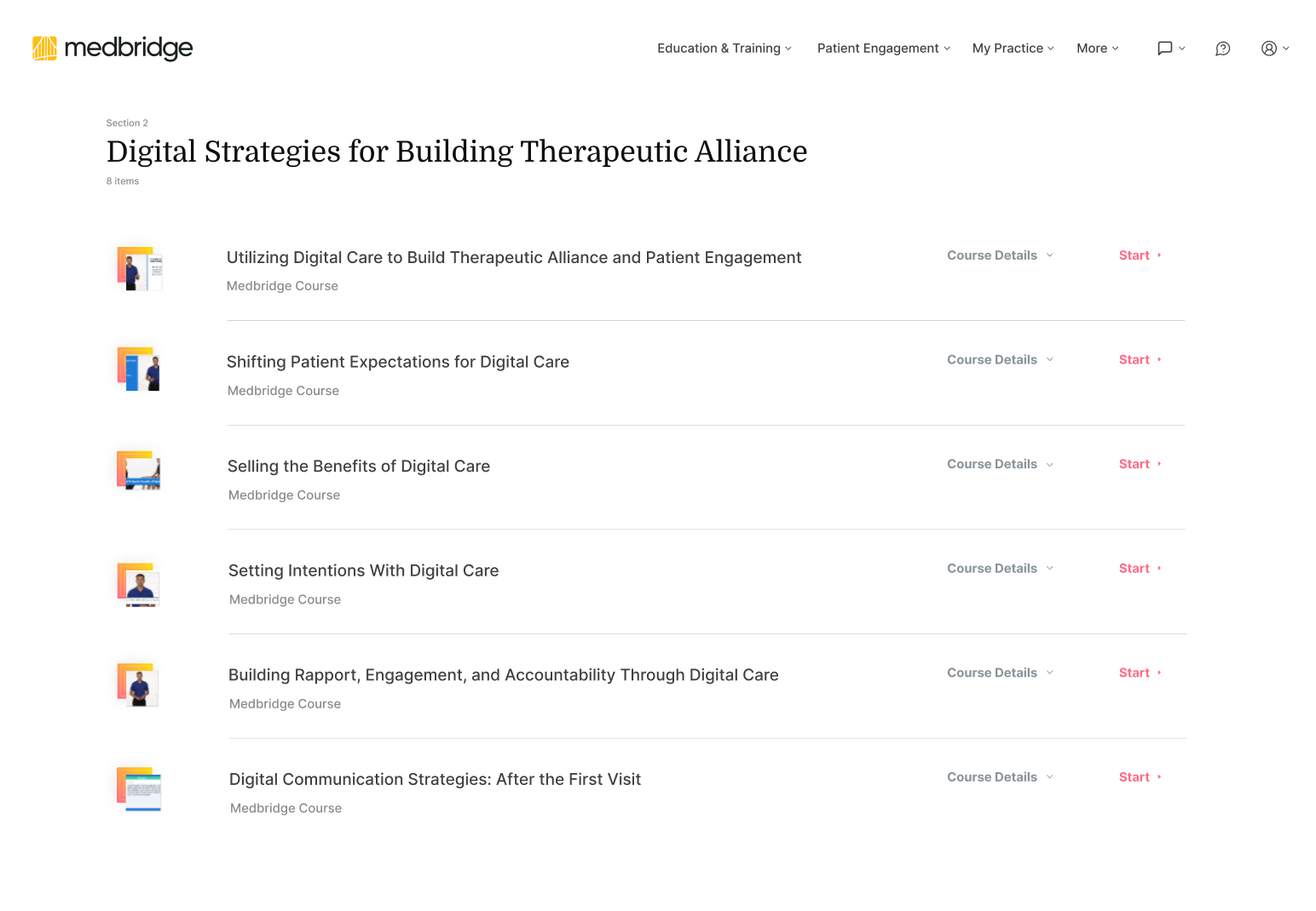 A webpage titled "Digital Strategies for Building Therapeutic Alliance" on medbridge lists courses on digital care, patient engagement, and communication strategies.
