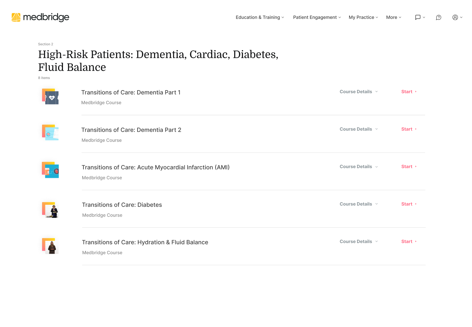 Medbridge course page displaying five high-risk patient care courses with 'Start' links for dementia and diabetes.