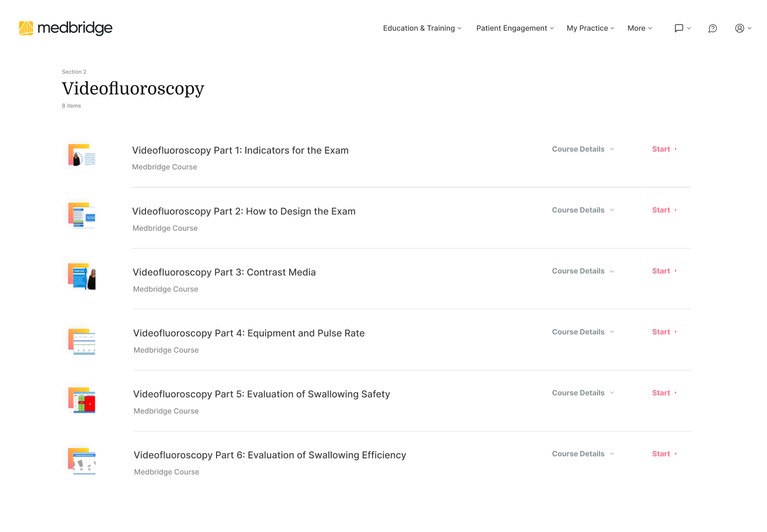 Webpage displaying six videofluoroscopy courses with start options by medbridge.