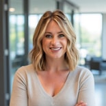 Woman with shoulder-length blonde hair smiles confidently indoors, representing medbridge hybrid and modern patient care.