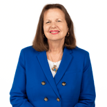 Smiling woman in blue blazer and white top stands against a white background, suitable for medbridge healthcare marketing.