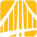 A yellow abstract shape with curved lines and triangles symbolizes Medbridge's integration of healthcare education and hybrid care.