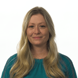 A person with long blonde hair in a teal top smiling against a white background represents medbridge's vision for digital healthcare.
