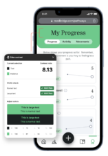 A smartphone displays the medbridge website focused on accessible digital healthcare with contrast and readability tools.