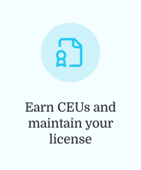Blue certificate icon above "Earn CEUs and maintain your license" text, promoting medbridge healthcare training.