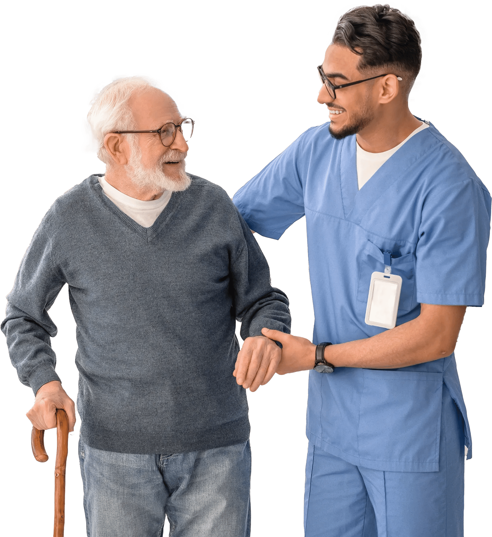 Elderly man with a cane smiles at a medbridge worker in blue scrubs holding his arm.