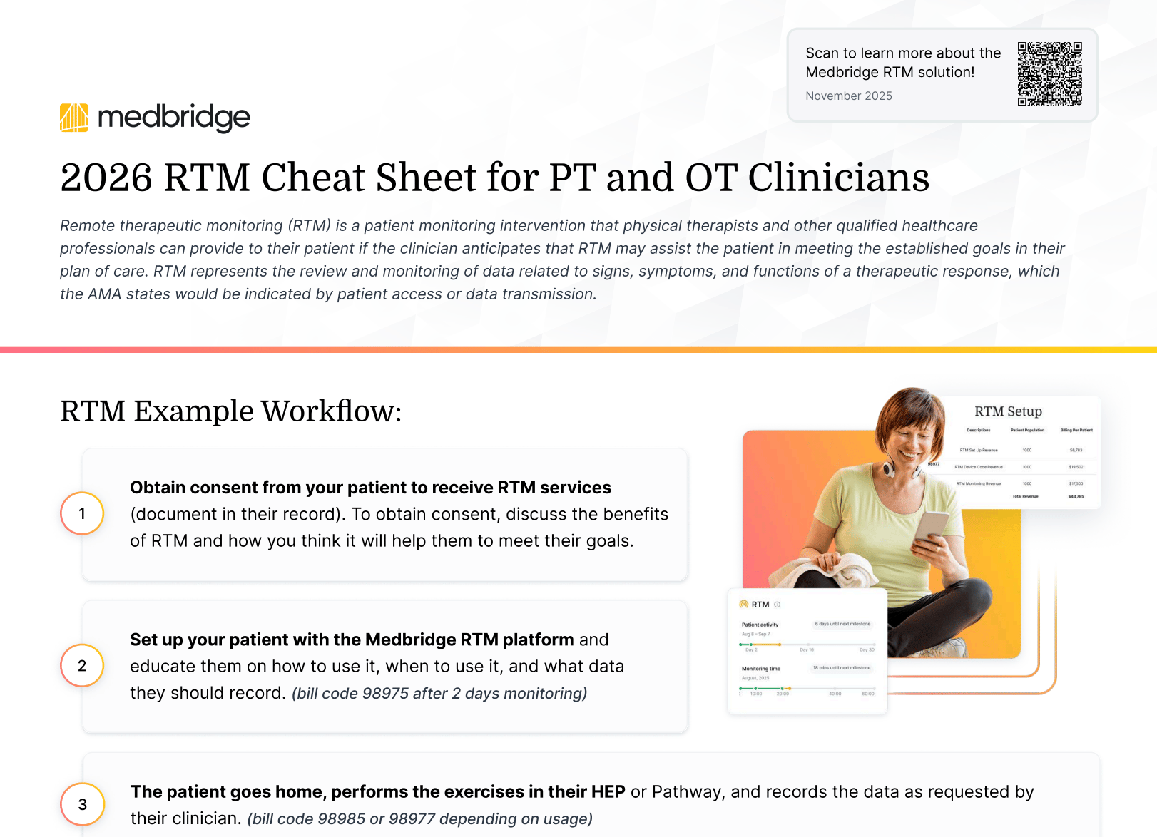 Infographic summarizes RTM setup, patient consent, device pairing, and data tracking for PTs and OTs using medbridge software.