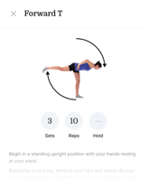 Person balances on one leg in a Forward T from medbridge, arms back; arrows show motion and text reads 3 sets of 10 reps.