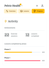 Pelvic health app progress screen from medbridge showing exercise and lesson completion for phases 1 and 2.