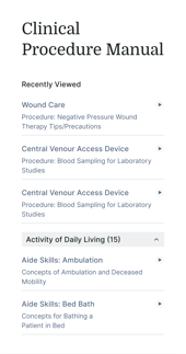 Screenshot of Medbridge patient care software listing recent procedures: wound care, venous access, ambulation, and bed bath.