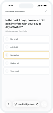 A mobile screen displays a medbridge pain assessment with "Somewhat" selected from five options.