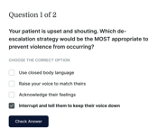 Question on de-escalation techniques: options cover body language, voice matching, acknowledging feelings, and interrupting.