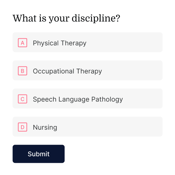 The alt text is: "medbridge multiple-choice question asking for your discipline, with options like Physical Therapy and Nursing.