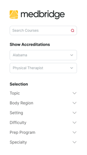 The medbridge course search interface displays dropdown menus for accreditations and collapsible sections for topics and body regions.