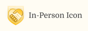 A yellow shield with two clasped hands and the words "In-Person Icon" on a light background, representing Medbridge hybrid care.