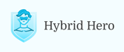 Person with mask inside a blue shield next to bold "Hybrid Hero," on a light background, representing digital healthcare.