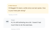 Dr. Milo Paterson asks Maggie about her knee pain, and she says it still hurts and she hasn’t done her exercises.