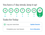 A 7-day streak tracker with Monday highlighted and two tasks to log exercises or complete a medbridge lesson.