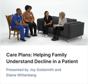 Four people, including a clinician, discuss patient decline with medbridge care software shown onscreen.