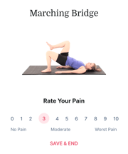 A person doing a marching bridge exercise beside a pain scale highlighting 3, with a "SAVE & END" option shown, for the medbridge app.