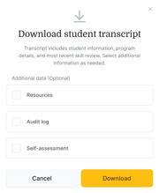 Form to download a student transcript in medbridge, with options for resources, audit log, and self-assessment.
