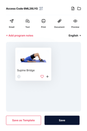 A digital medbridge interface shows the "Supine Bridge" exercise card with sharing options at the top.