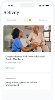 Medbridge app dashboard with tabs for progress, highlighting a completed communication module for older adults.