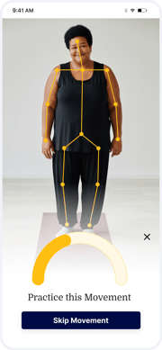 A person stands on a yoga mat with motion tracking indicators and options to practice or skip the movement in medbridge.