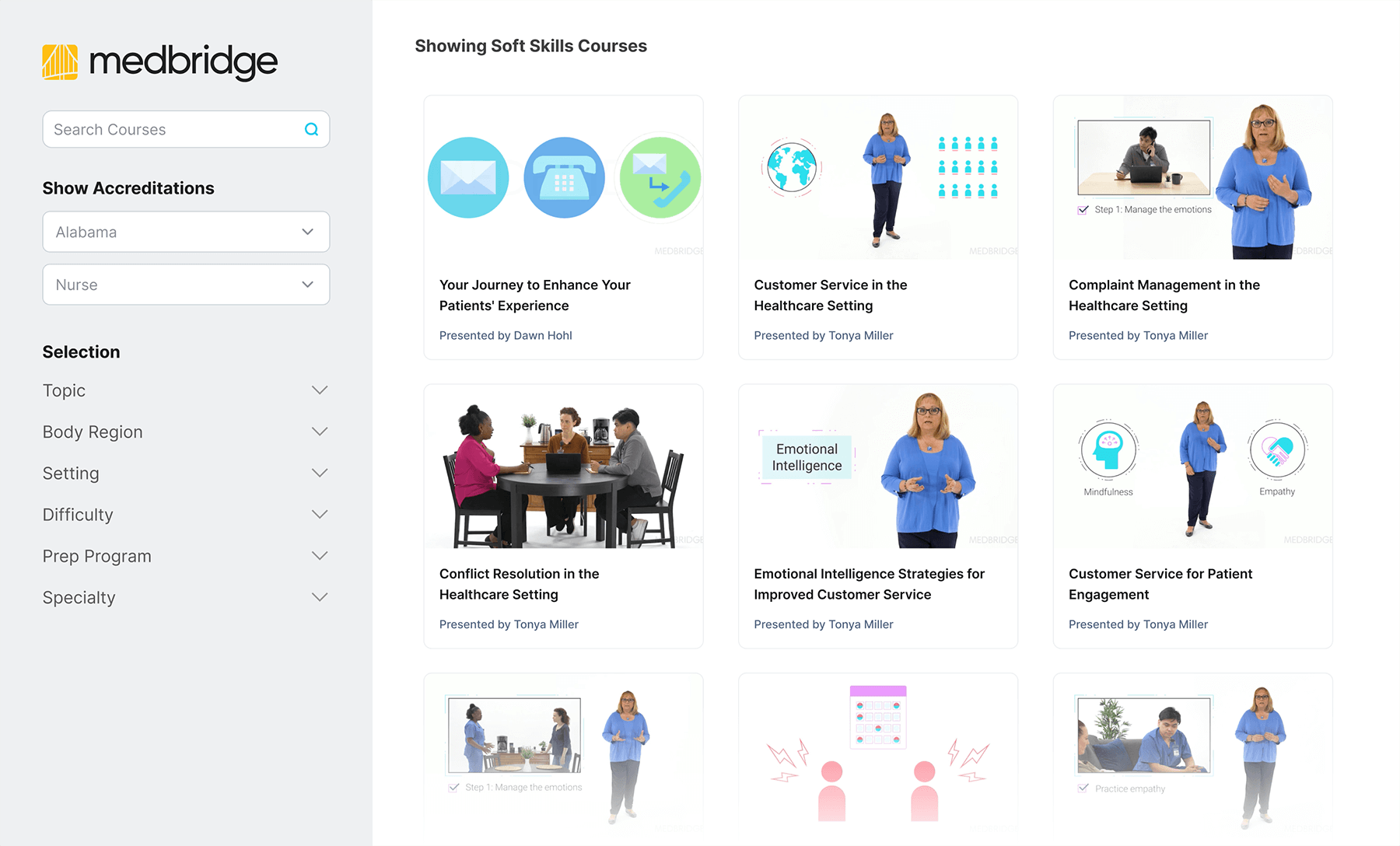 Dashboard showcasing Medbridge soft skills courses such as emotional intelligence, wellness, and customer service.