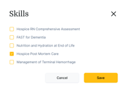 The medbridge software shows a hospice care skills checklist with "Hospice Post Mortem Care" selected and save and cancel buttons below.