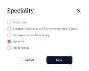 Dementia specialty selected from options: Acute Care, Assistive Technology and Environmental Modifications, Cardiovascular and Pulmonary, Dementia, Direct Access in medbridge.