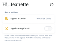 User "Jeanette" logs into "Westside Clinic" with FaceID off on Medbridge interface.