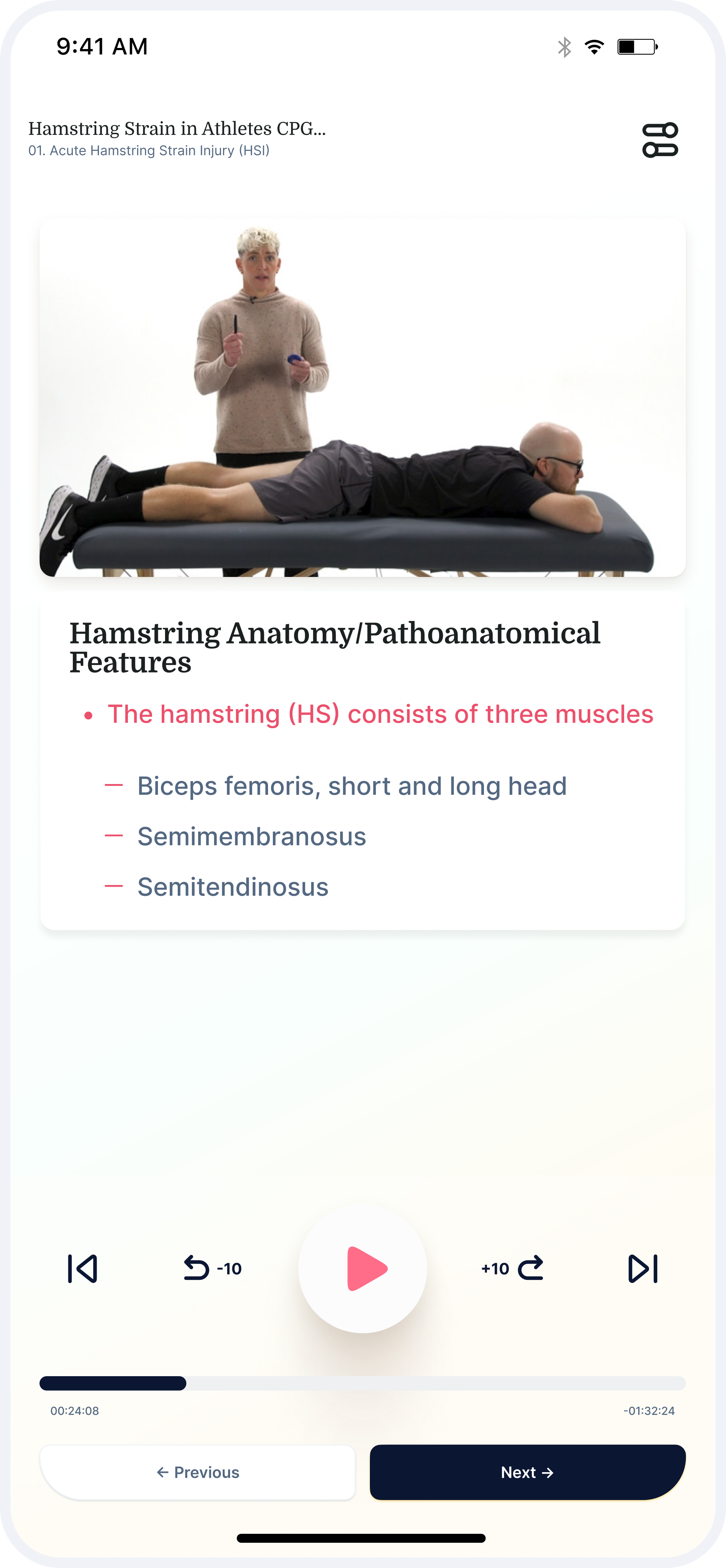 A person demonstrates hamstring exercises on a mat while a mobile device displays medbridge educational content.