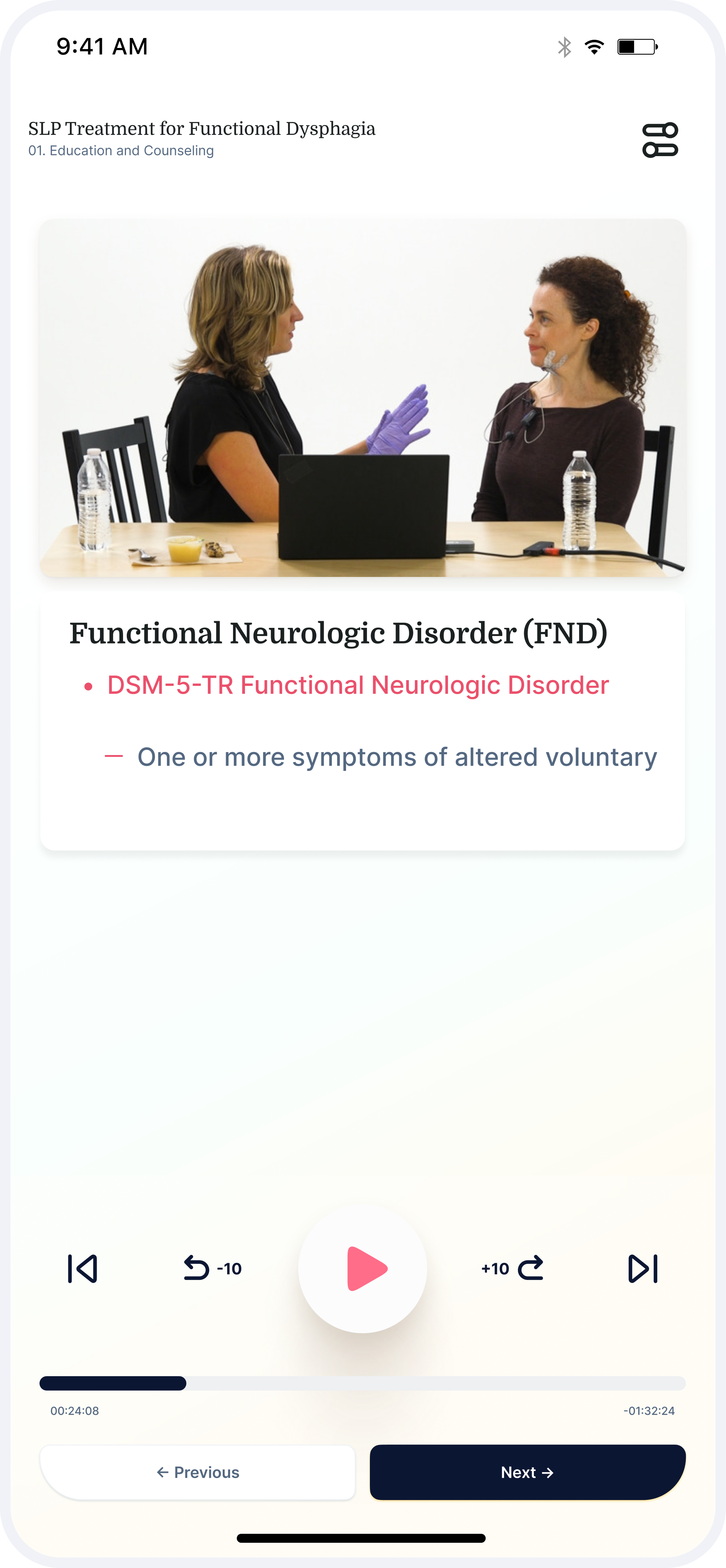 Two women talk at a table with laptops while medbridge content about functional neurologic disorder appears on a screen.