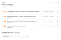 Four healthcare courses, including OSHA Bloodborne Pathogens, with options to retake or mark as required; search field for adding more medbridge courses.