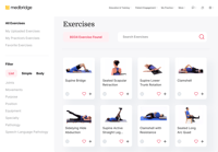 A webpage showcasing exercise thumbnails, like "Supine Bridge" and "Clamshell," with filtering options and 8,034 exercises on medbridge.