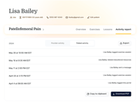 Medbridge patient activity report for Lisa Bailey on exercise and message logs from April to May 2024 for patellofemoral pain.