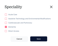 Dementia specialty selected from options: Acute Care, Assistive Technology and Environmental Modifications, Cardiovascular and Pulmonary, Dementia, Direct Access in medbridge.