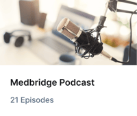 A microphone in front of a laptop and headphones with text: "Medbridge podcast, 21 episodes.