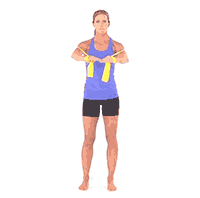 A person in a blue tank top and black shorts uses a resistance band for a chest exercise, reflecting medbridge's digital healthcare.