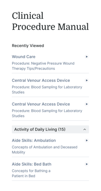 Screenshot of a medbridge clinical procedure manual showing recently viewed procedures like wound care and bed baths.