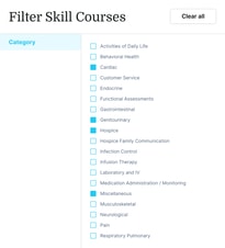 Checkbox filter options for skill courses, featuring categories like Cardiac, Hospice, and Infusion Therapy on a medbridge webpage.