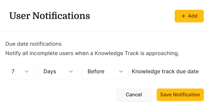Notification settings panel in medbridge for setting due date alerts with timing options and save or cancel buttons.
