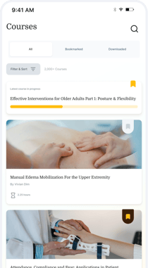 A smartphone screen shows the medbridge app with courses on older adult interventions, edema mobilization, and patient care compliance.
