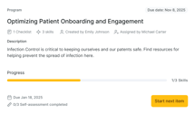 Medbridge program screen showing progress bar and start button for "Optimizing Patient Onboarding and Engagement".