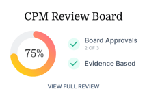 A 75% circular progress bar shows 2 of 3 CPM Review Board approvals for evidence-based patient care in digital healthcare.