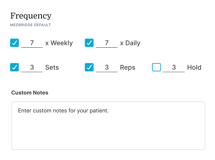 A medbridge digital form shows exercise frequency options and a custom notes field.